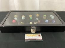 Collection of Vintage / Antique Larger Marbles in Leather Display Case w/ Glass Top, 24 pieces