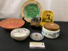 Delft Tobacco Jar, Etruscan Majolica Plate, Roseville Vase, Native made Basket, and more