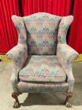 Vintage Plush Wingback Armchair w/ Eye-Catching Green & Purple Zigzag Upholstery & Claw Feet. See