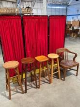 5 pcs Vintage Wooden Seats. 4x Bar Stool Assortment. 1x Tavern Captain's Chair. See pics.