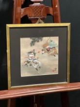 Framed Chinese Watercolor, Spear Warrior & Horseback Archer