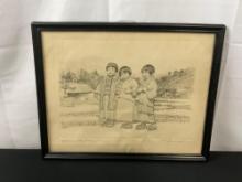 Framed signed Willy Seiler Etching, titled Japanese Children, 15 x 17 inches