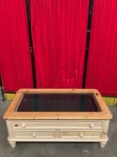 Vintage Broyhill 2-Tone Pine Coffee Table w/ Glass Inset Top & Velvet Lined Display Drawer. See