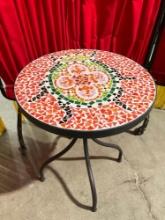 Small Garden Planter Table w/ Handmade Orange & Green Glass Mosaic Top & Black Metal Legs. See pi...