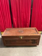 Vintage Chinese Carved Wooden Blanket Chest w/ Camphor Lining, Brass Accents & Storage Tray. See
