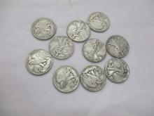 US Silver Walking Half Dollars 1940, 1941D, 1942 (3), 1942D, 1943 (2), 1943D, 1944 S 10 coins