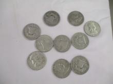 US Silver Franklin Halves- various dates/mints 10 coins