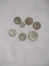 US Silver Coins- Roosevelt Dime (1), Washington Quarters (5) Kennedy Half 66, 40% silver 7 coins