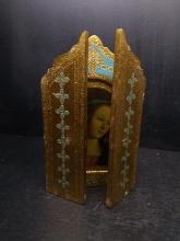 Religious Icon-Wooden Tri Fold with Lacquered Paintings Madonna with Angels by Raphael
