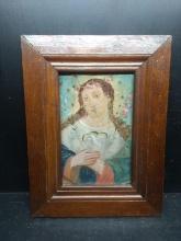 Artwork-Turn of the Century Hand painted Framed Tin Plate-Lady with Dove