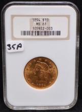1894 $10 LIBERTY GOLD COIN - NGC MS61