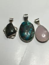 .925 2", 1 1/2", 1 1/4" 3 Pcs Turquoise, Rose Quartz, Labraorite Pendants