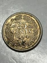 1944 Netherlands 25 Cent Silver 