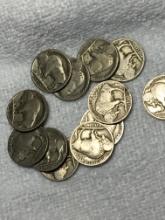 (12) Buffalo Nickels Different Dates