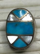 Sterling Silver Vintage Native Made Ring Heavy With Blue And White Opal Inlay 25.6 Grams
