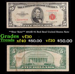 **Star Note** 1953B $5 Red Seal United States Note Grades vf++