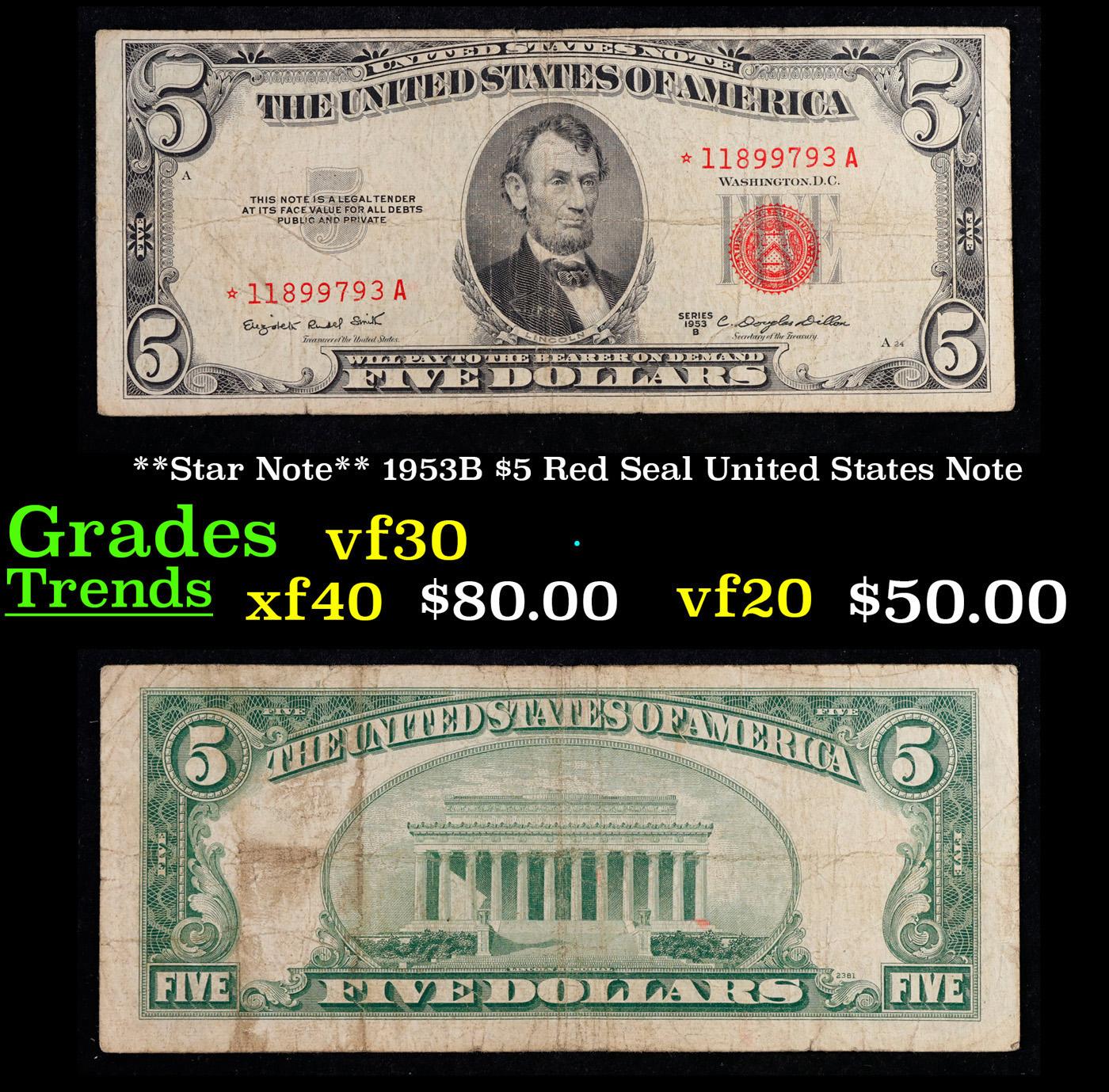 **Star Note** 1953B $5 Red Seal United States Note Grades vf++