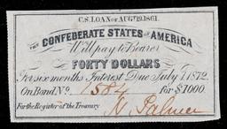 1861 Confederate States Forty Dollars Note Graded Select CU