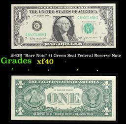 1963B "Barr Note" $1 Green Seal Federal Reserve Note Grades xf