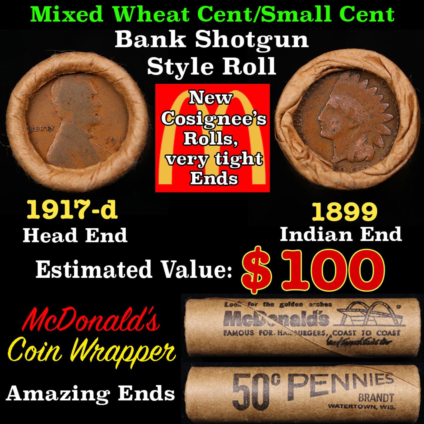 Small Cent Mixed Roll Orig Brandt McDonalds Wrapper, 1917-d Lincoln Wheat end, 1899 Indian other end