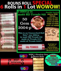 THIS AUCTION ONLY! BU Shotgun Lincoln 1c roll, 2004-p 50 pcs Plus THREE bonus random date BU roll! B