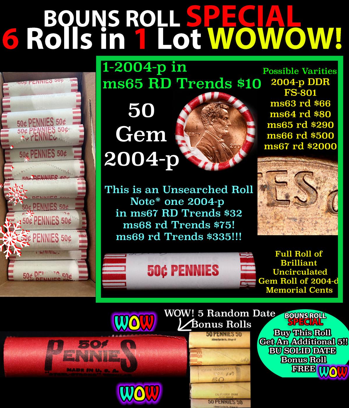 THIS AUCTION ONLY! BU Shotgun Lincoln 1c roll, 2004-p 50 pcs Plus THREE bonus random date BU roll! B