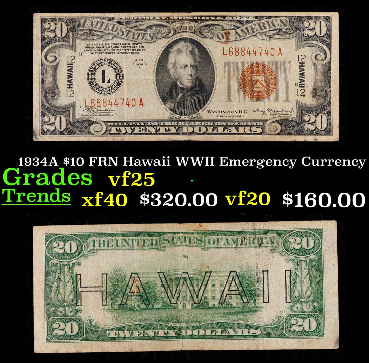 1934A $10 FRN Hawaii WWII Emergency Currency Grades vf+