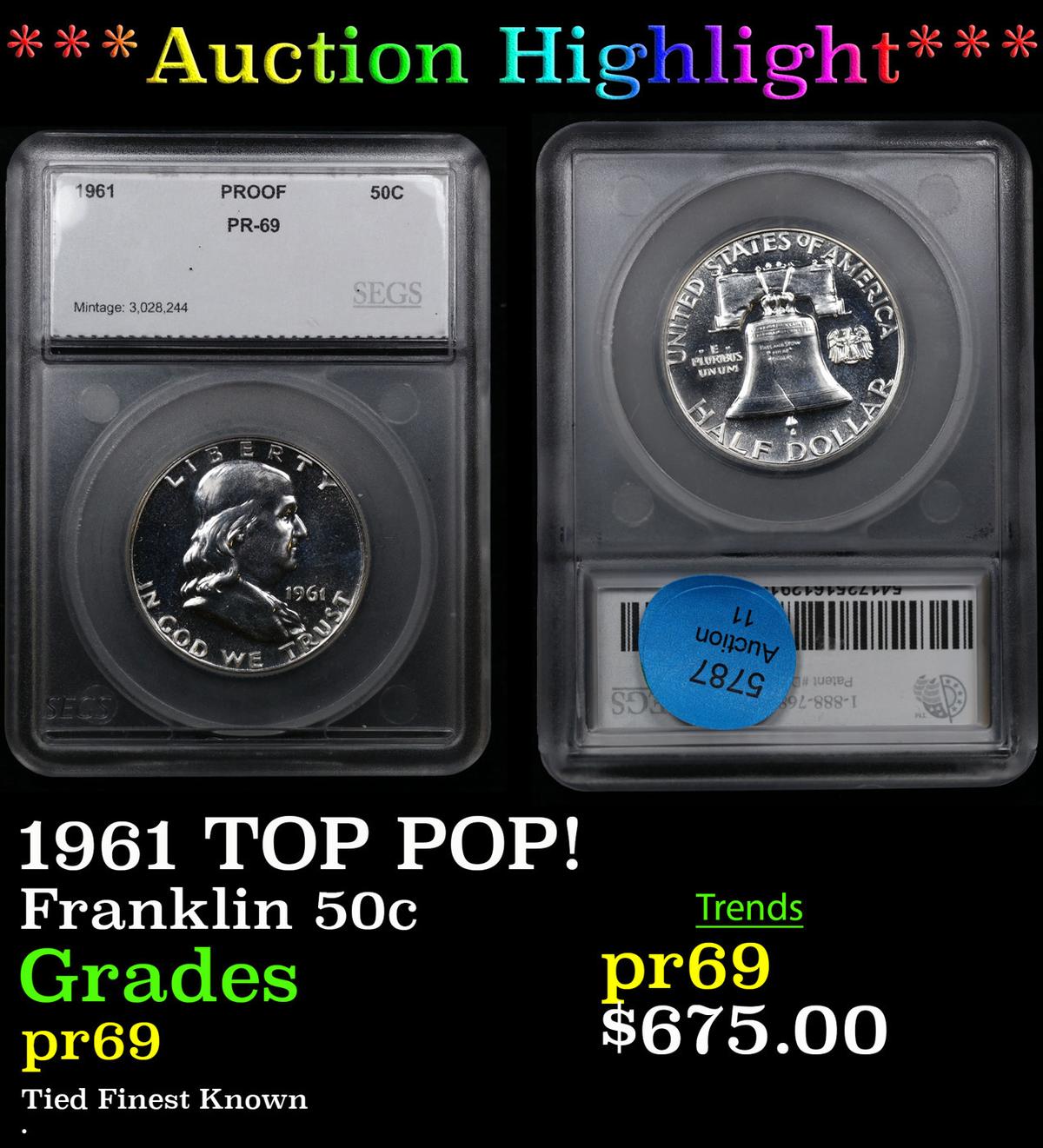 Proof ***Auction Highlight*** 1961 Franklin Half Dollar TOP POP! 50c Graded pr69 BY SEGS (fc)