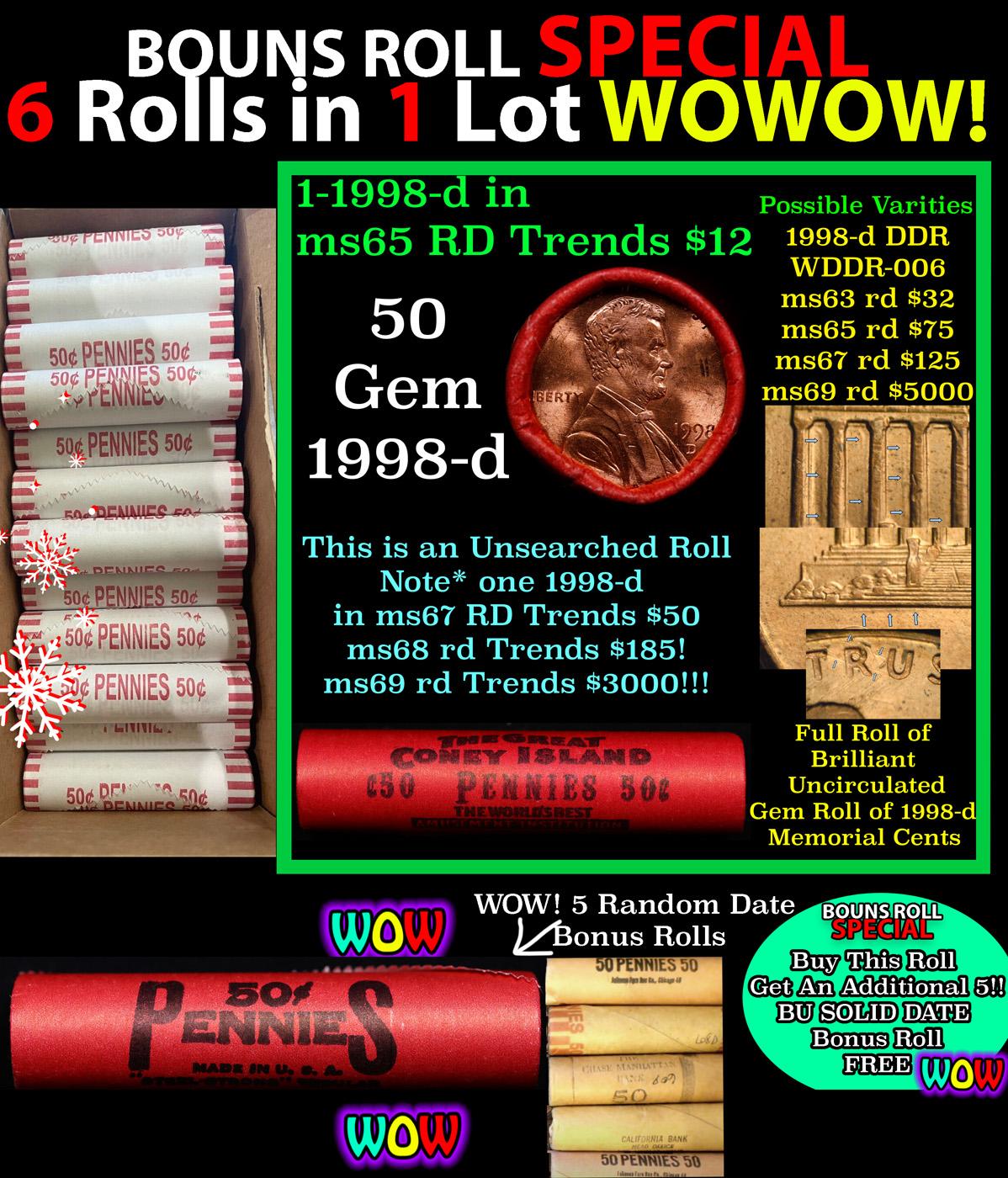 THIS AUCTION ONLY! BU Shotgun Lincoln 1c roll, 1998-d 50 pcs Plus THREE bonus random date BU roll! B
