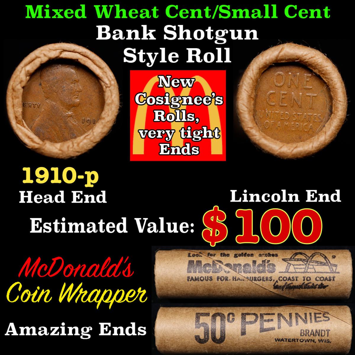 Lincoln Wheat Cent 1c Mixed Roll Orig Brandt McDonalds Wrapper, 1910-p end, Wheat other end