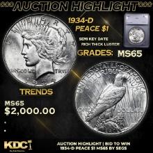 ***Auction Highlight*** 1934-d Peace Dollar $1 Graded ms65 By SEGS (fc)