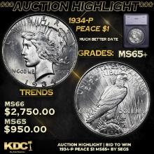 ***Auction Highlight*** 1934-p Peace Dollar 1 Graded ms65+ BY SEGS (fc)
