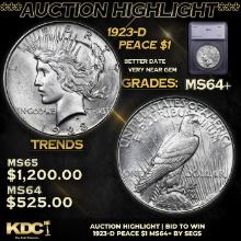 ***Auction Highlight*** 1923-d Peace Dollar 1 Graded ms64+ BY SEGS (fc)