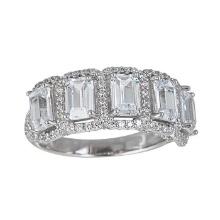 Decadence Sterling Silver 4x6mm Emerald Cut Halo Pave Anniversary Band With arc work size 6