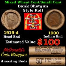 Lincoln Wheat Cent 1c Mixed Roll Orig Brandt McDonalds Wrapper, 1919-d end, 1900 Indian other end