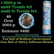 BU Shotgun Jefferson 5c roll, 2002-p 40 pcs Dunbar $2 Nickel Wrapper
