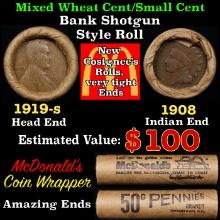 Small Cent Mixed Roll Orig Brandt McDonalds Wrapper, 1919-s Lincoln Wheat end, 1908 Indian other end