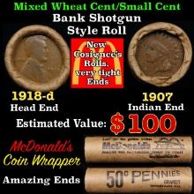 Small Cent Mixed Roll Orig Brandt McDonalds Wrapper, 1918-d Lincoln Wheat end, 1907 Indian other end