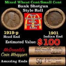 Small Cent Mixed Roll Orig Brandt McDonalds Wrapper, 1919-p Lincoln Wheat end, 1901 Indian other end