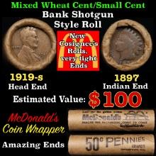 Small Cent Mixed Roll Orig Brandt McDonalds Wrapper, 1919-s Lincoln Wheat end, 1897 Indian other end