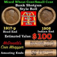 Small Cent Mixed Roll Orig Brandt McDonalds Wrapper, 1917-p Lincoln Wheat end, 1905 Indian other end