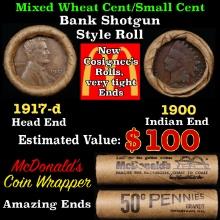 Small Cent Mixed Roll Orig Brandt McDonalds Wrapper, 1917-d Lincoln Wheat end, 1900 Indian other end