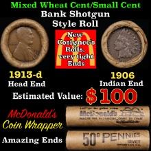 Small Cent Mixed Roll Orig Brandt McDonalds Wrapper, 1913-d Lincoln Wheat end, 1906 Indian other end