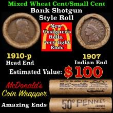Small Cent Mixed Roll Orig Brandt McDonalds Wrapper, 1910-p Lincoln Wheat end, 1907 Indian other end