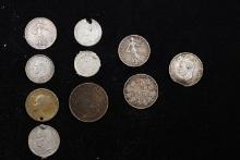 Group of 10 Coins - Showa 32 100 Yen, 2x France 50 Centimes, 1/4 Gulden, 1/4 Bolivar and 50 Centimos