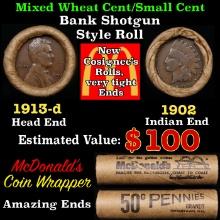 Small Cent Mixed Roll Orig Brandt McDonalds Wrapper, 1913-d Lincoln Wheat end, 1902 Indian other end