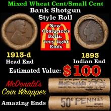 Small Cent Mixed Roll Orig Brandt McDonalds Wrapper, 1913-d Lincoln Wheat end, 1893 Indian other end