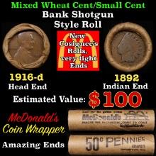 Lincoln Wheat Cent 1c Mixed Roll Orig Brandt McDonalds Wrapper, 1916-d end, 1892 Indian other end