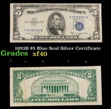 1953B $5 Blue Seal Silver Certificate Grades xf