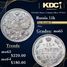 1914 (BC) Russia 15 Kopeks Silver Y# 21a.2 Grades GEM Unc